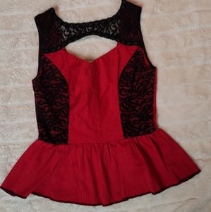 PINSTRIPE PEPLUM TOP WITH YOKE CUTOUT